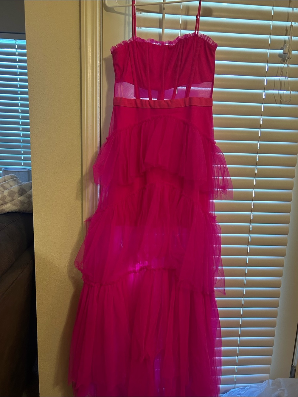 Fuchsia Tiered Tulle Prom Dress with Spaghetti Straps